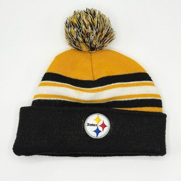 NFL Team Apparel Youth Pittsburgh Steelers Beanie Hat Winter Cap with Pom Poms - Picture 3 of 8